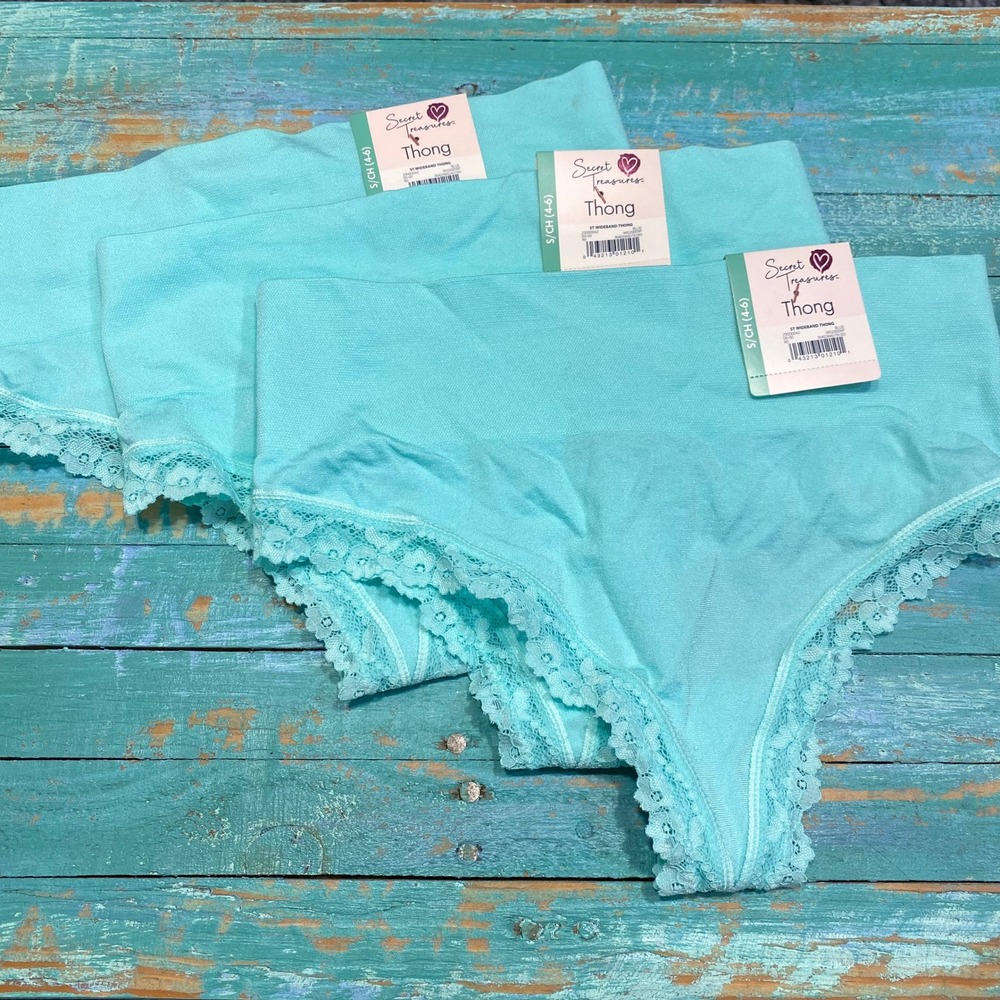 Secret Treasures Women Aqua Blue Wideband Thong Lace Underwear 3 Pack Small 4-6